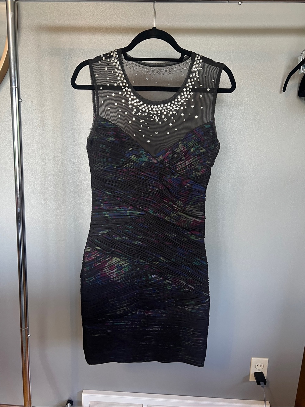 BCBGMaxAzria Black Sheer Yoke Cocktail Dress with Rhinestones